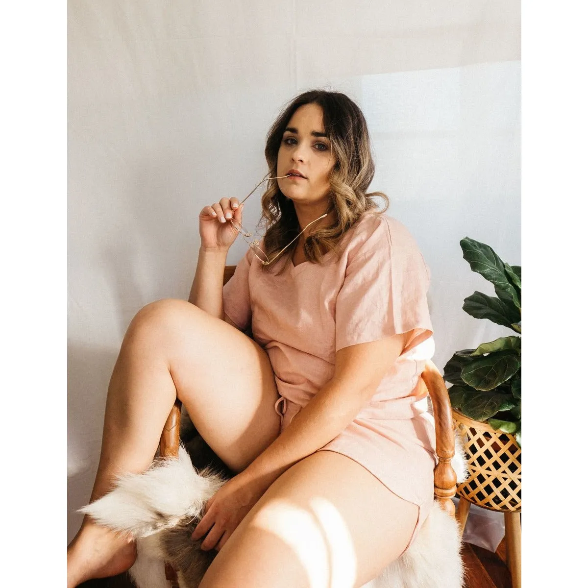 Linen Boxy Tee & Short Set in Pink