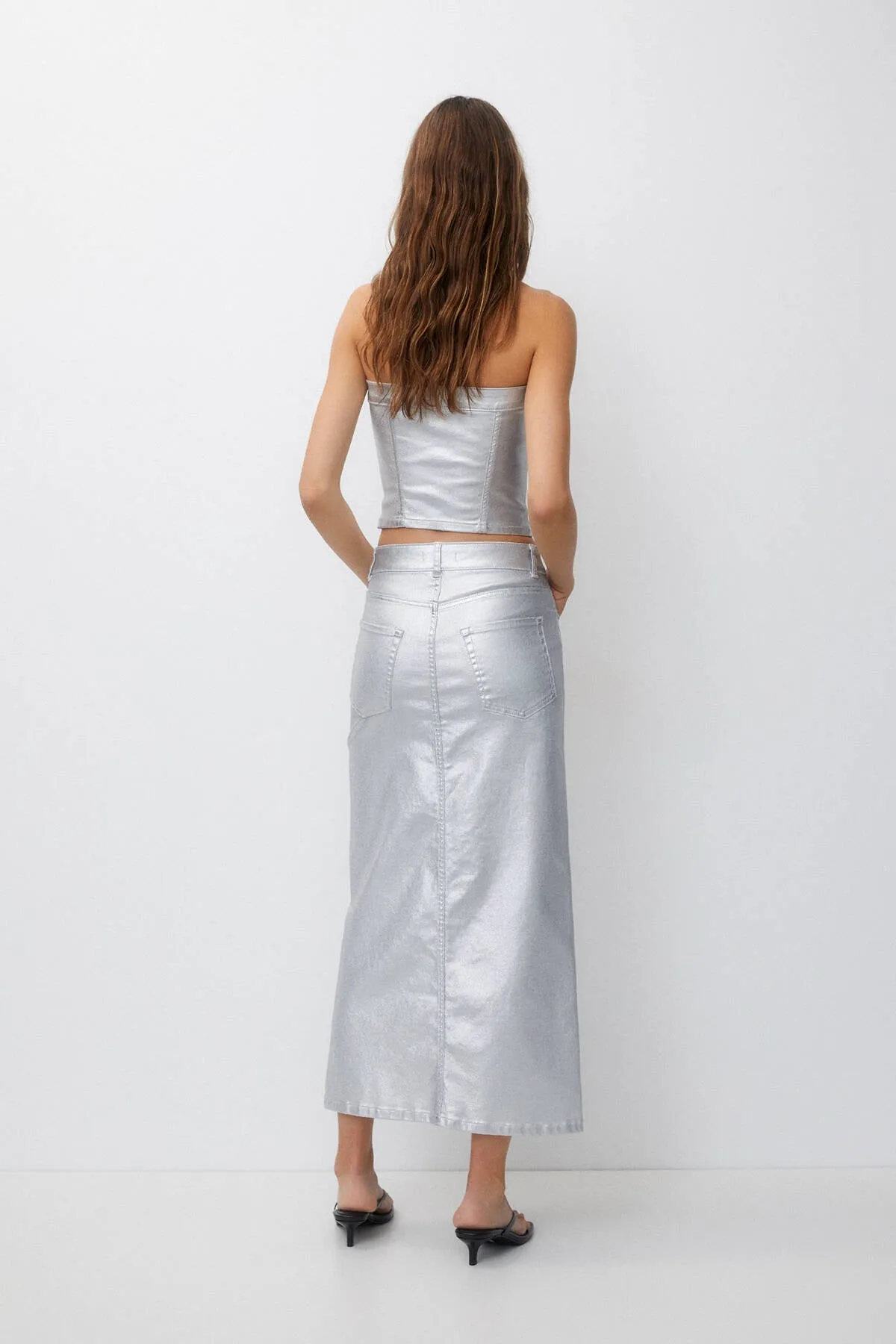 Long Metallic Denim Skirt with Long Slit - Silver