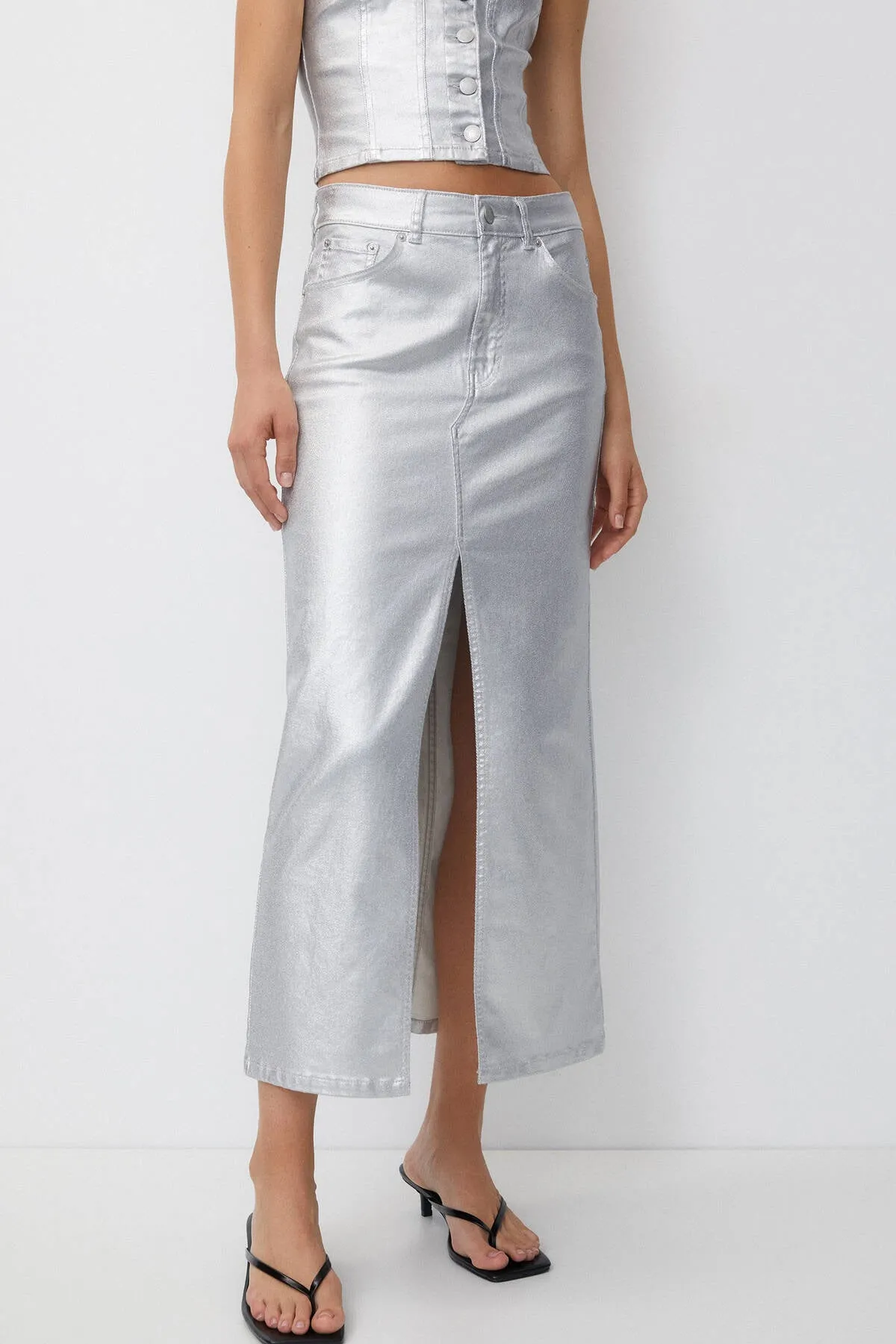 Long Metallic Denim Skirt with Long Slit - Silver