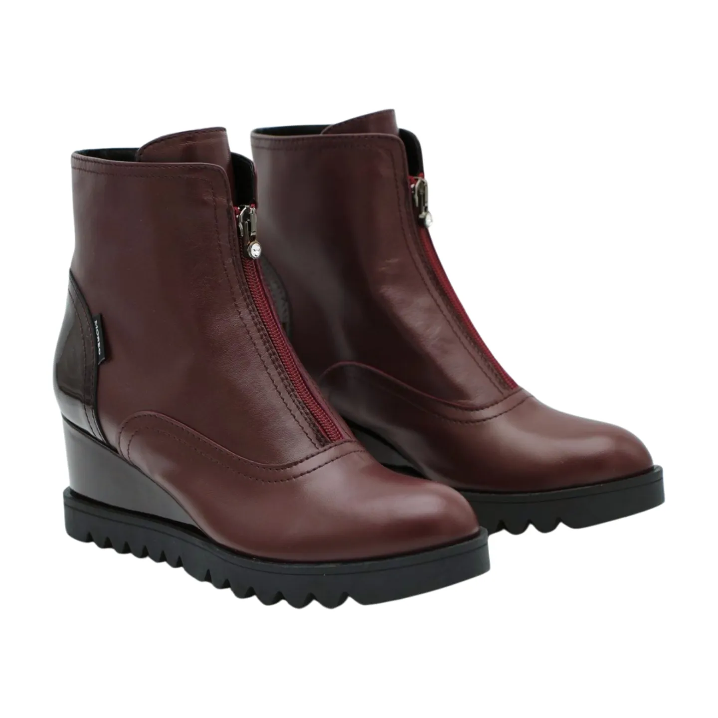 MARCO MOREO Burgundy  Leather Low Wedge Ankle Boot with centre zip GC677