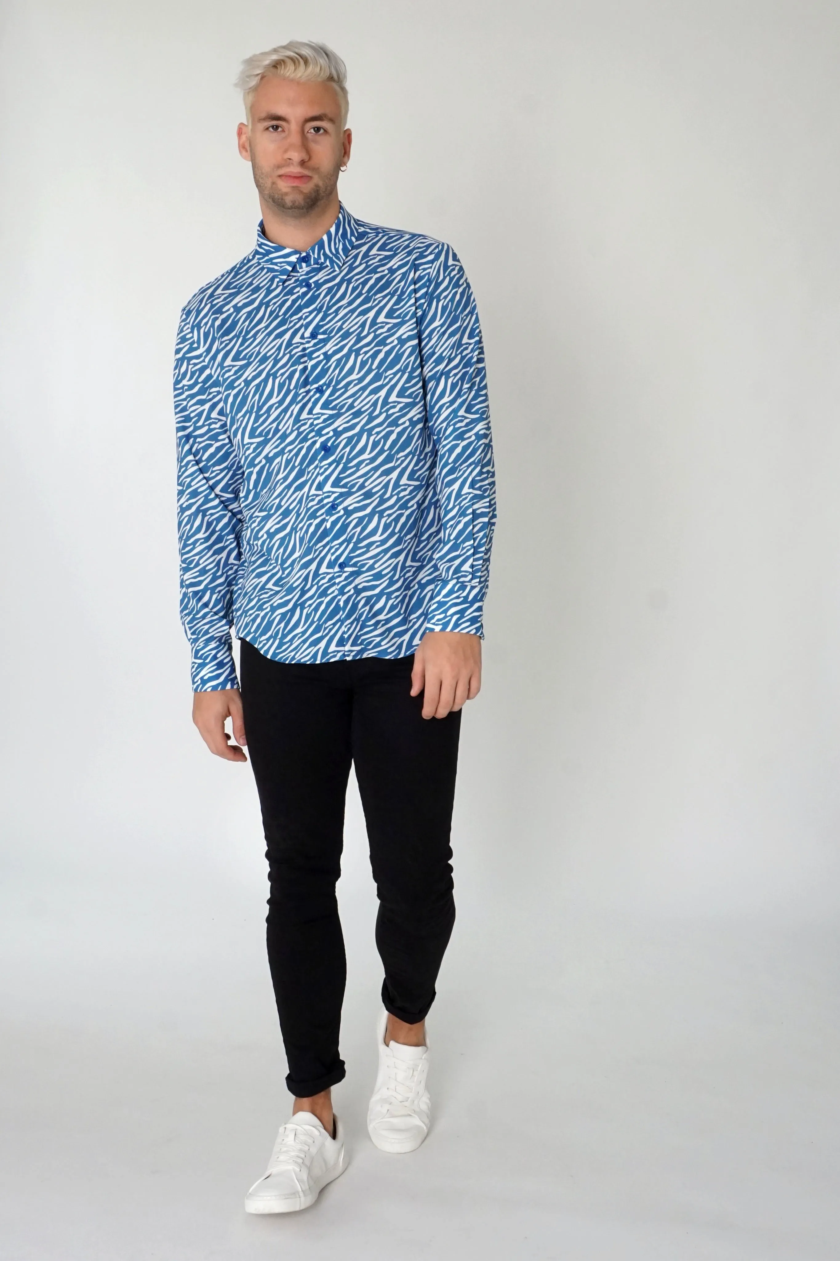 Men's Classic Long Sleeve Shirt in Blue Shima Print