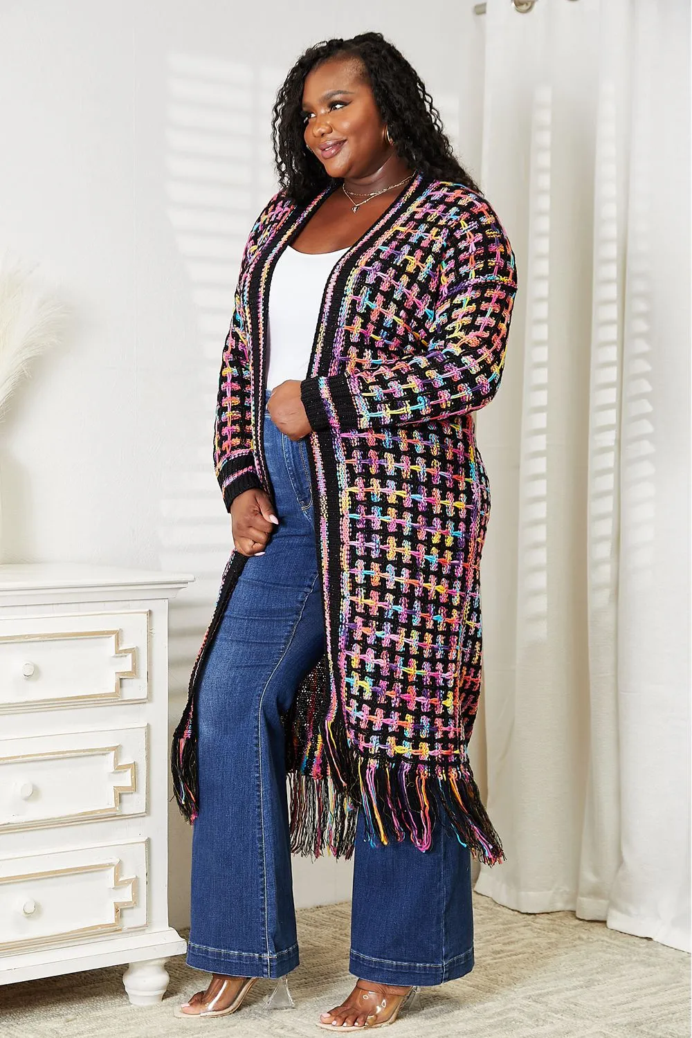 Multicolored Fringe Hem Cardigan