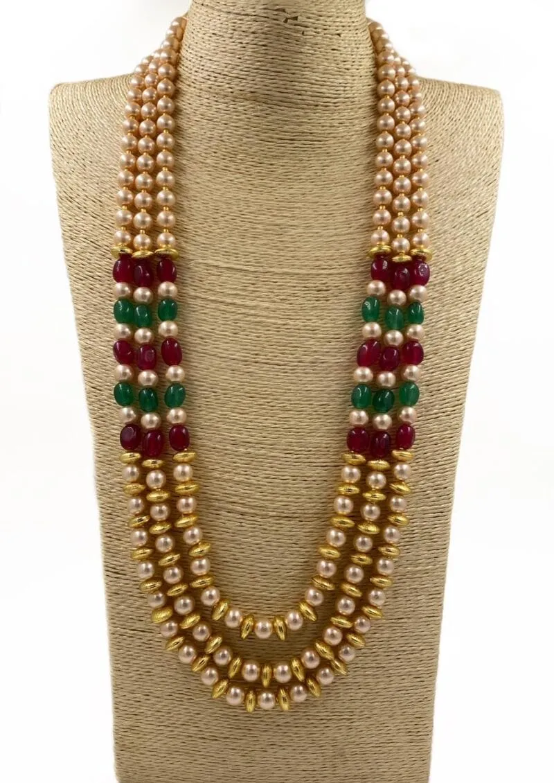 Multilayered Semi Precious Jade Beads And Pearls Necklace For Men And Women