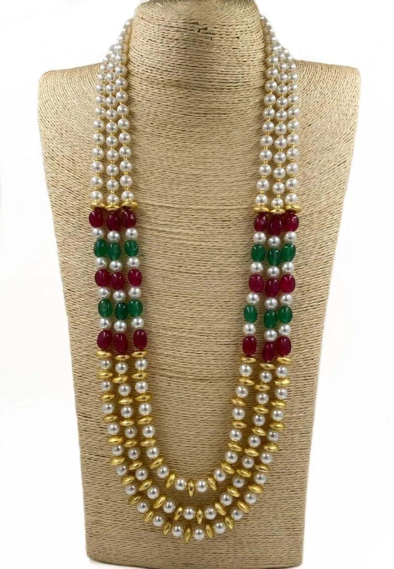 Multilayered Semi Precious Jade Beads And Pearls Necklace For Men And Women