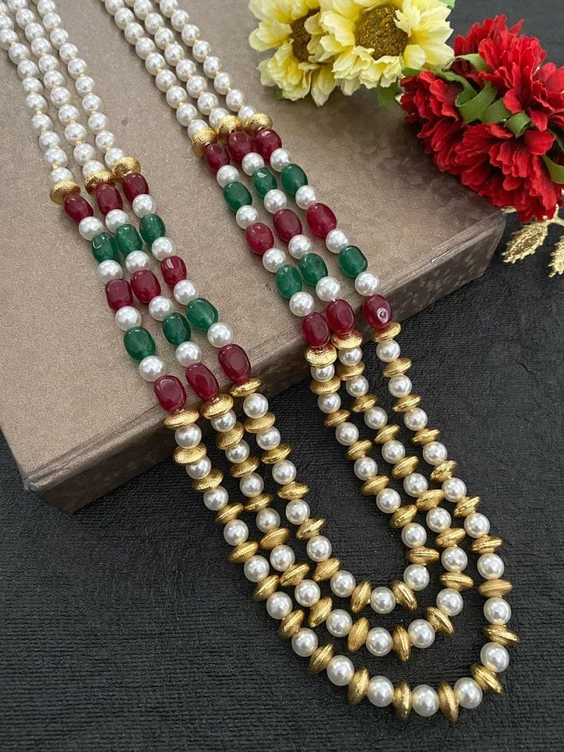 Multilayered Semi Precious Jade Beads And Pearls Necklace For Men And Women