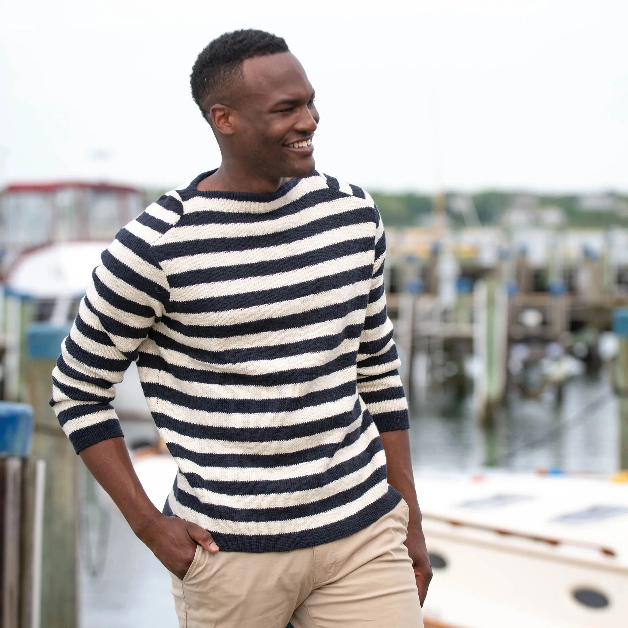 Navy & Cream Stripe Boatneck Sweater