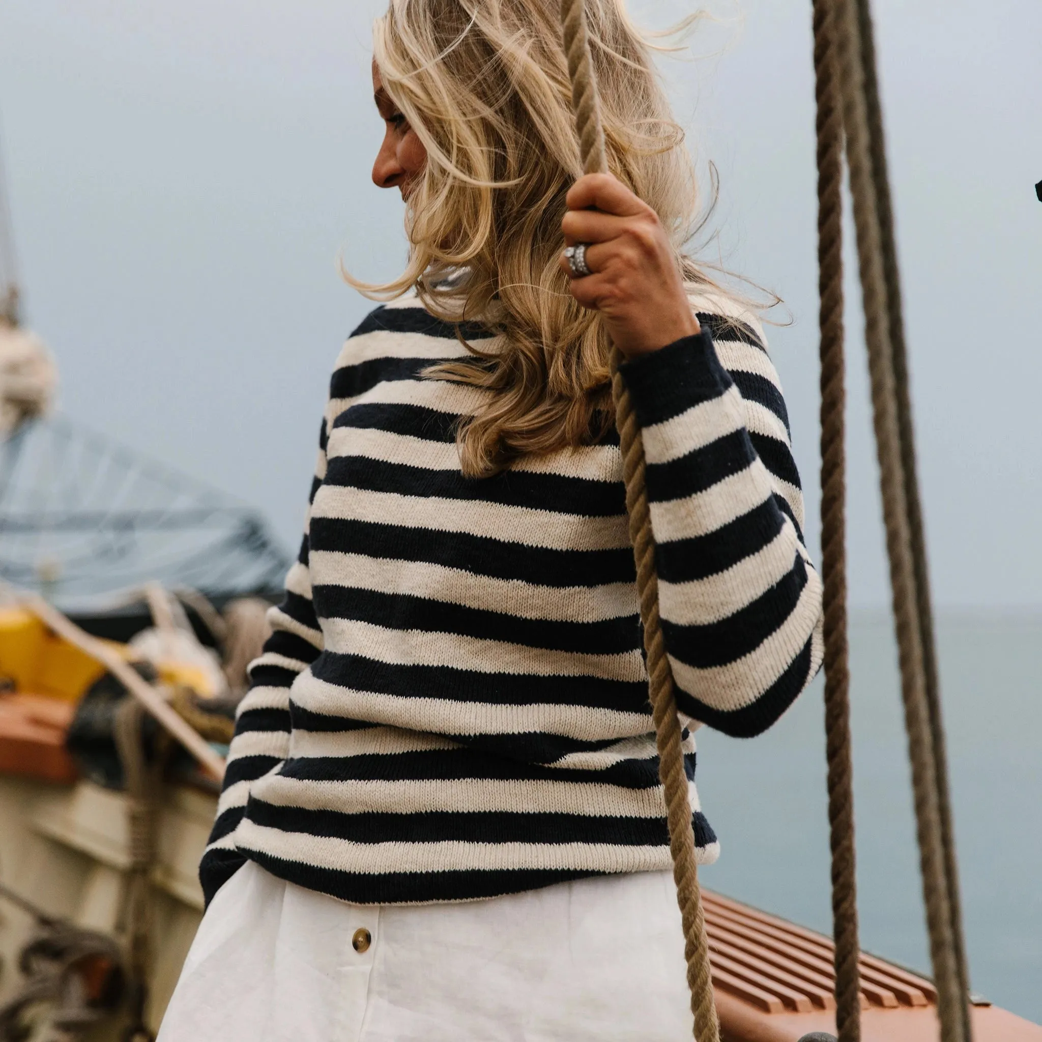 Navy & Cream Stripe Boatneck Sweater