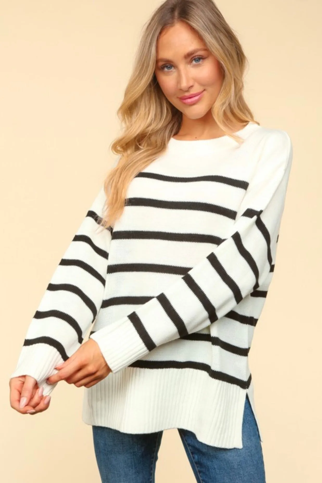 Relaxed Ivory & Black Striped Sweater