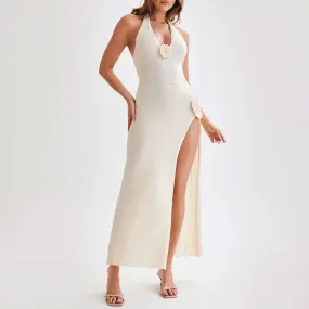 Sexy Halter Tie Rosette Applique High Split Backless Knit Maxi Dress