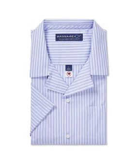 Short Sleeve Untucked Blue Stripe ‘Landry’ Camp Casual Shirt with Magnetic Closures