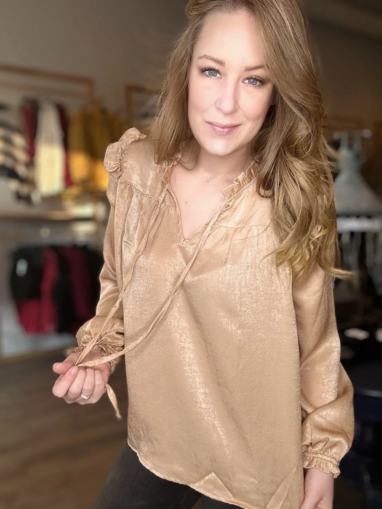 Taupe Ruffled Long Sleeve Top