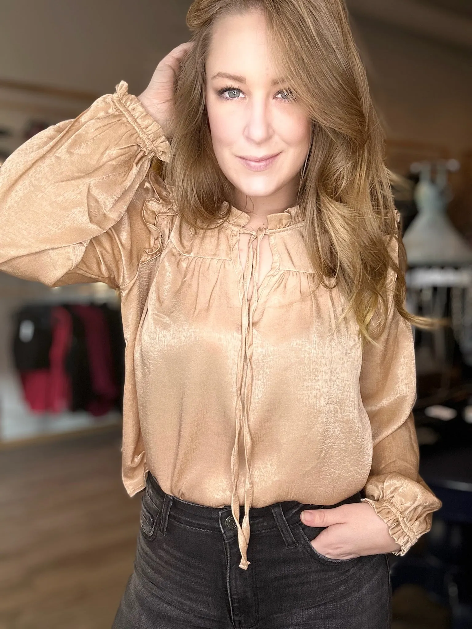 Taupe Ruffled Long Sleeve Top