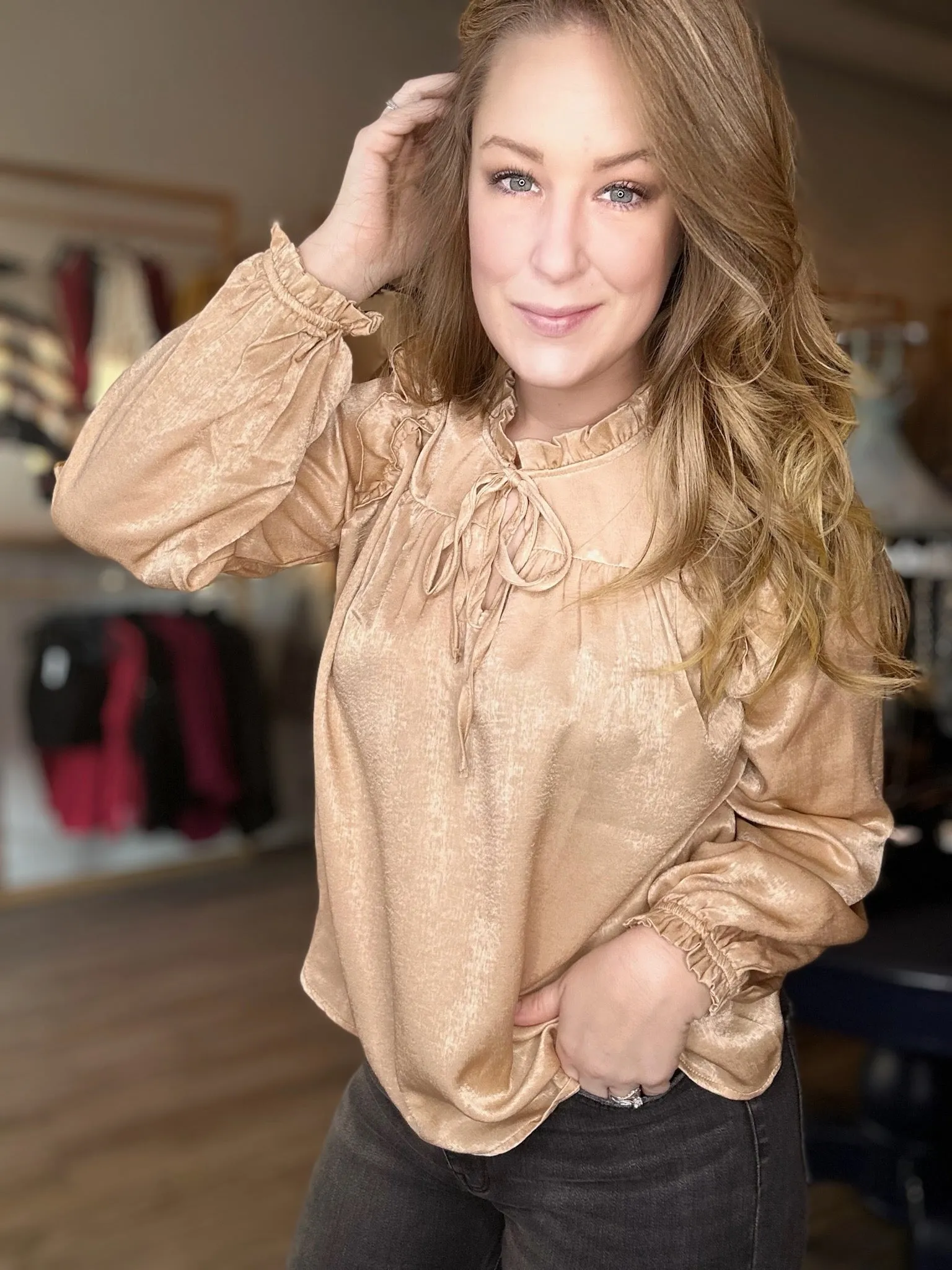 Taupe Ruffled Long Sleeve Top