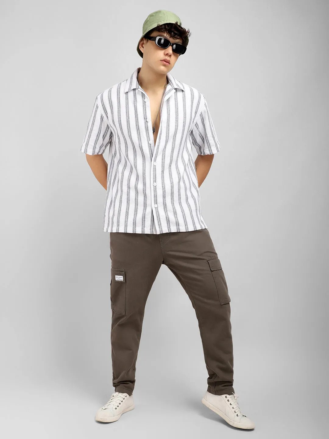 White Jute Knitted Stripe Half Sleeve Shirt