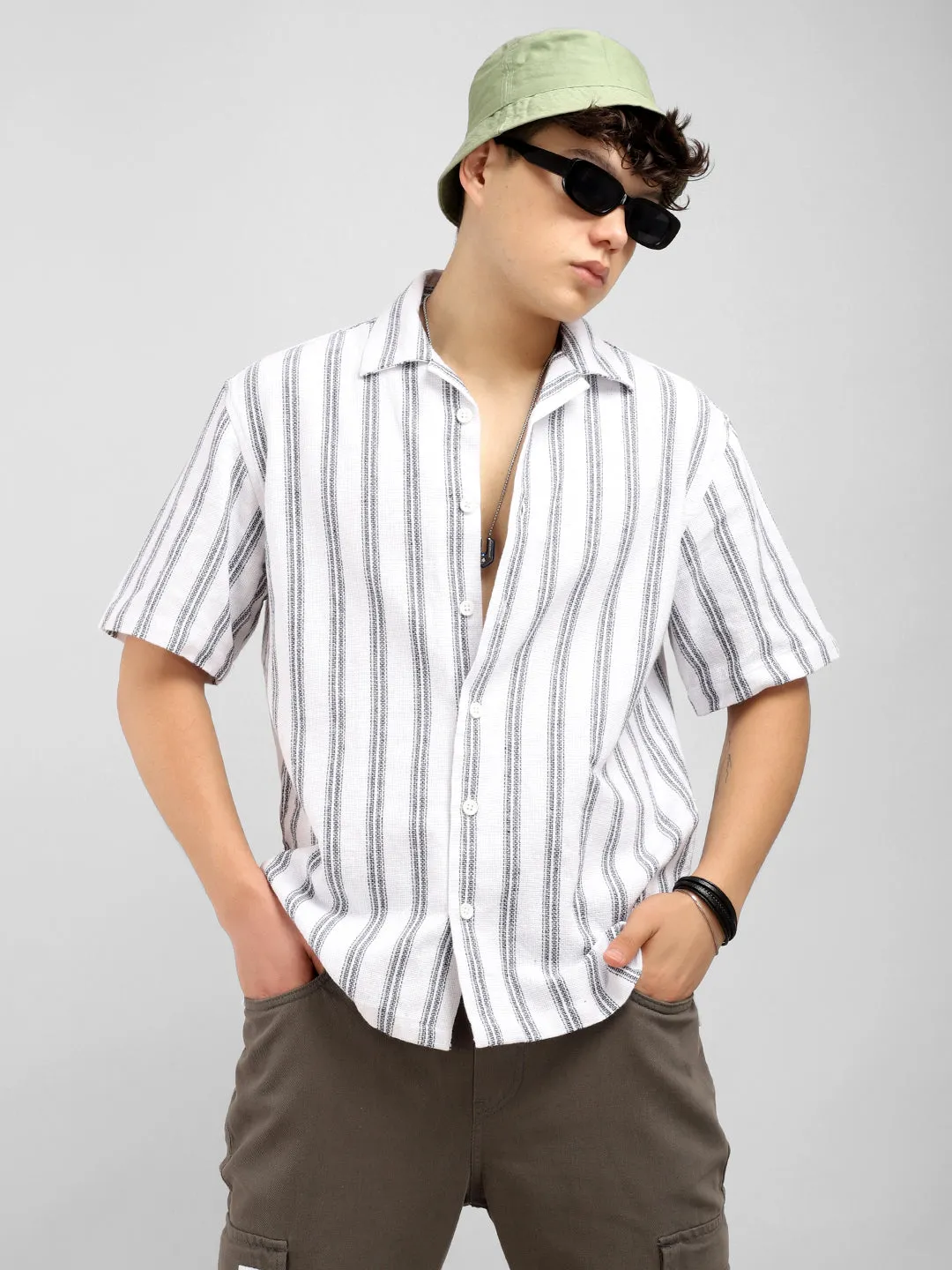 White Jute Knitted Stripe Half Sleeve Shirt