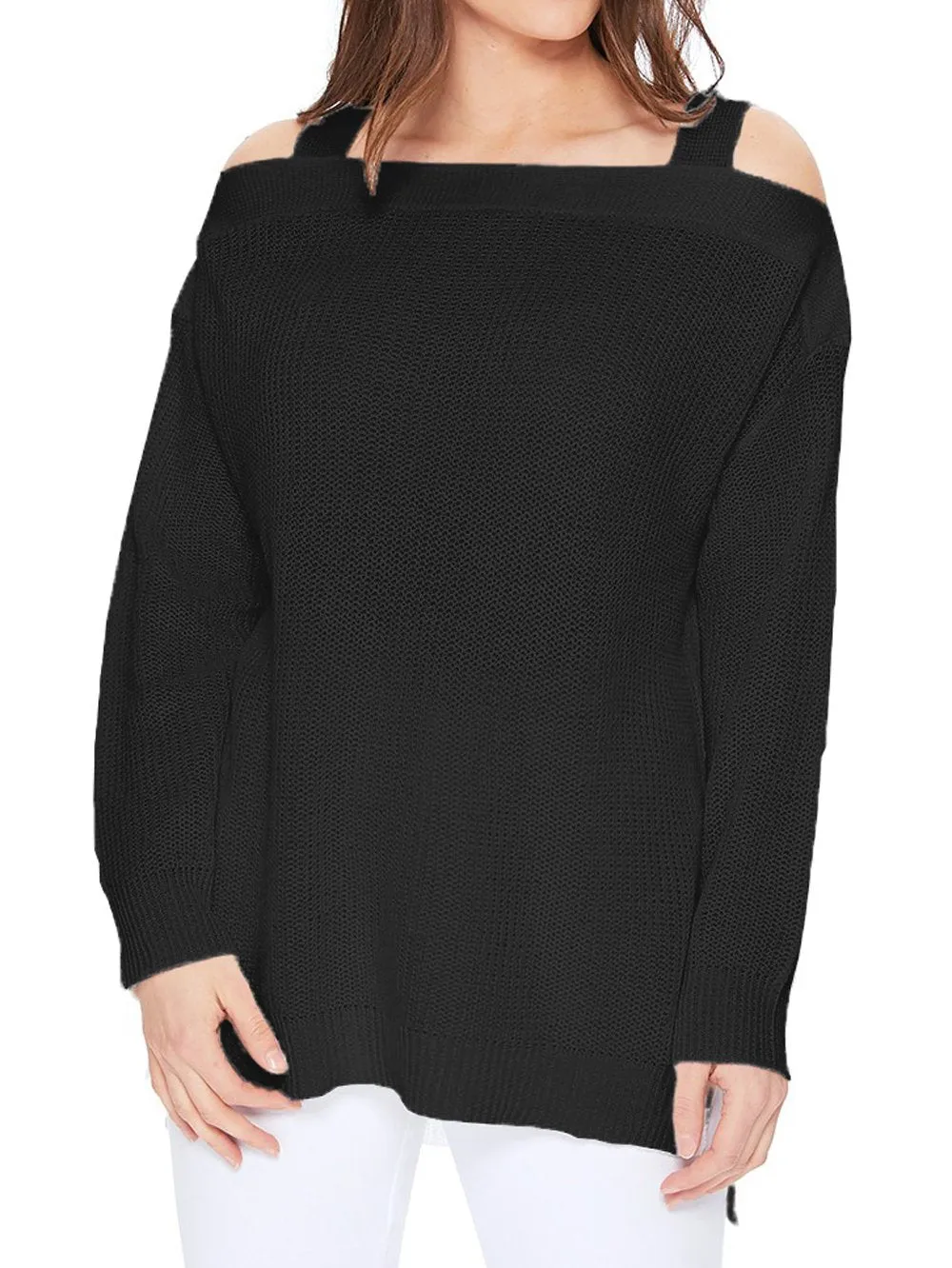 YEMAK Women's Cold Shoulder Long Sleeve Knit Tunic Top Pullover Summer Sweater MK3631